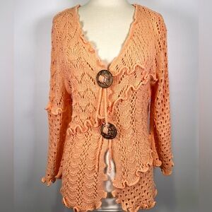 Vintage Y2K Lisa International Peach Open Knit Ruffle Cardigan PXL Boho Romantic
